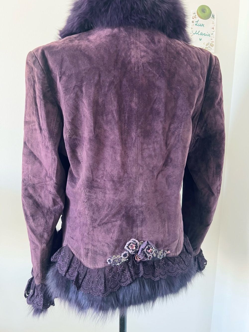 Vintage Pink Mary Purple Suede Fox Fur Collar Jacket Embellished Peplum Coat M - Picture 4 of 15